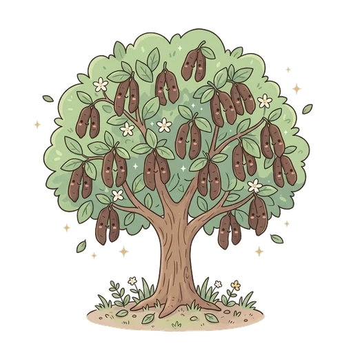 Dark brown carob pods hanging from the tree