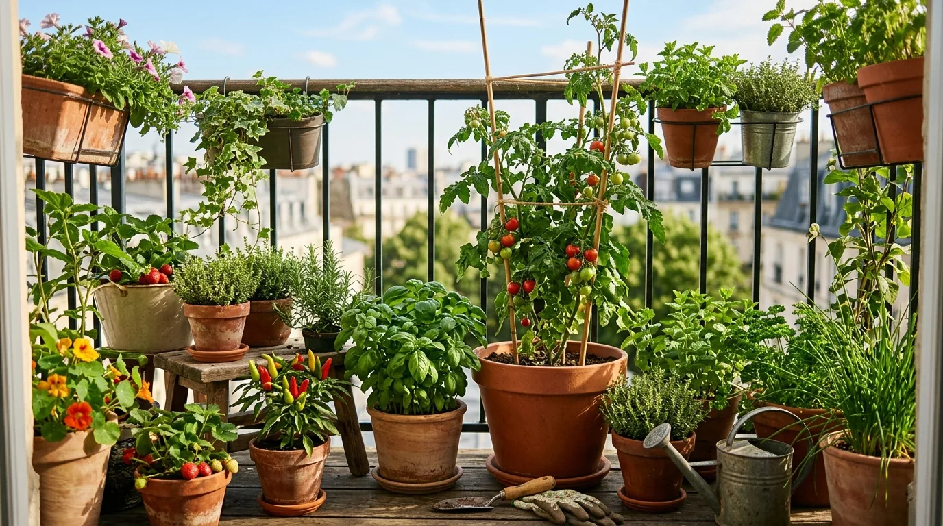 A productive small balcony filled with pots of vegetables and herbs
