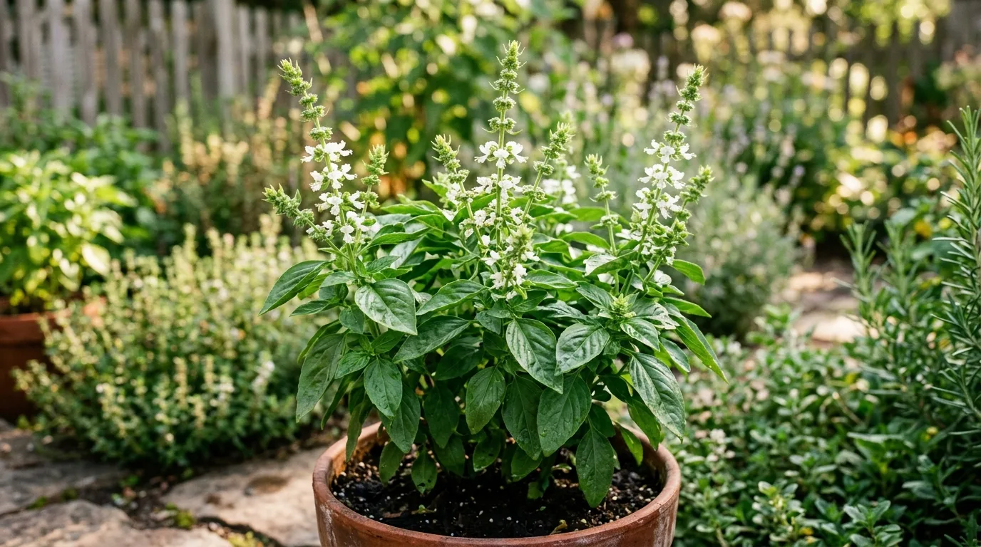 A basil plant sending up flower spikes