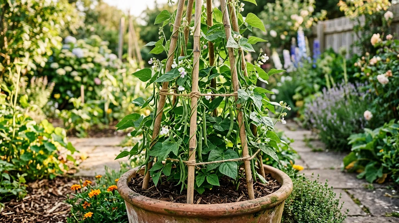 Climbing beans growing up a teepee in a large pot