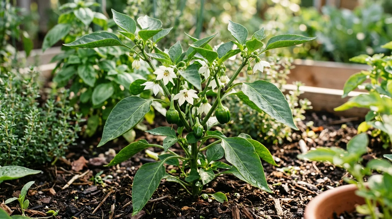A capsicum plant covered in flowers but with no fruit forming