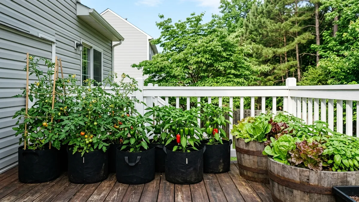 Vegetable pots on an American balcony with cherry tomatoes, herbs, and leafy greens growing in containers