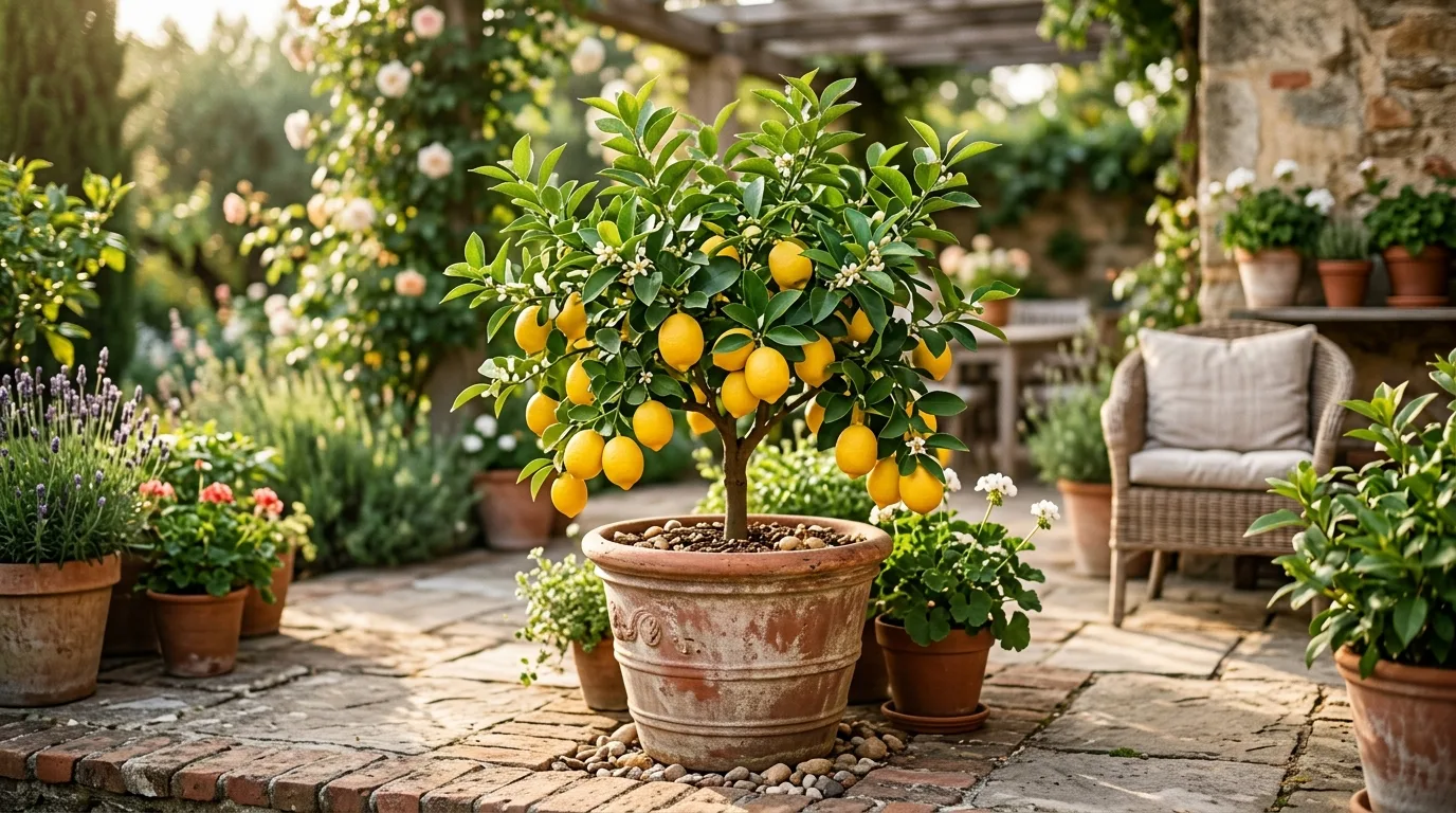 A dwarf citrus tree fruiting in a large pot on a patio