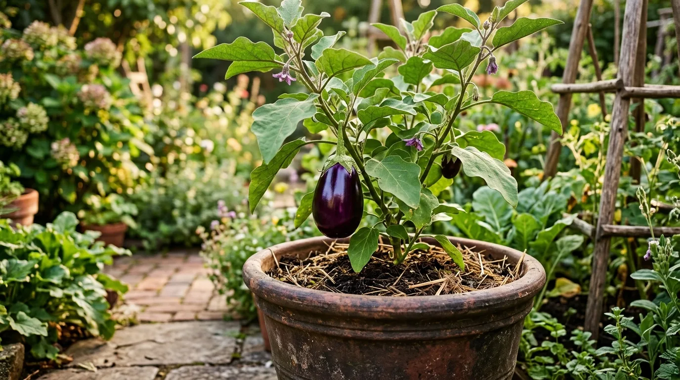 A glossy eggplant fruiting in a large pot