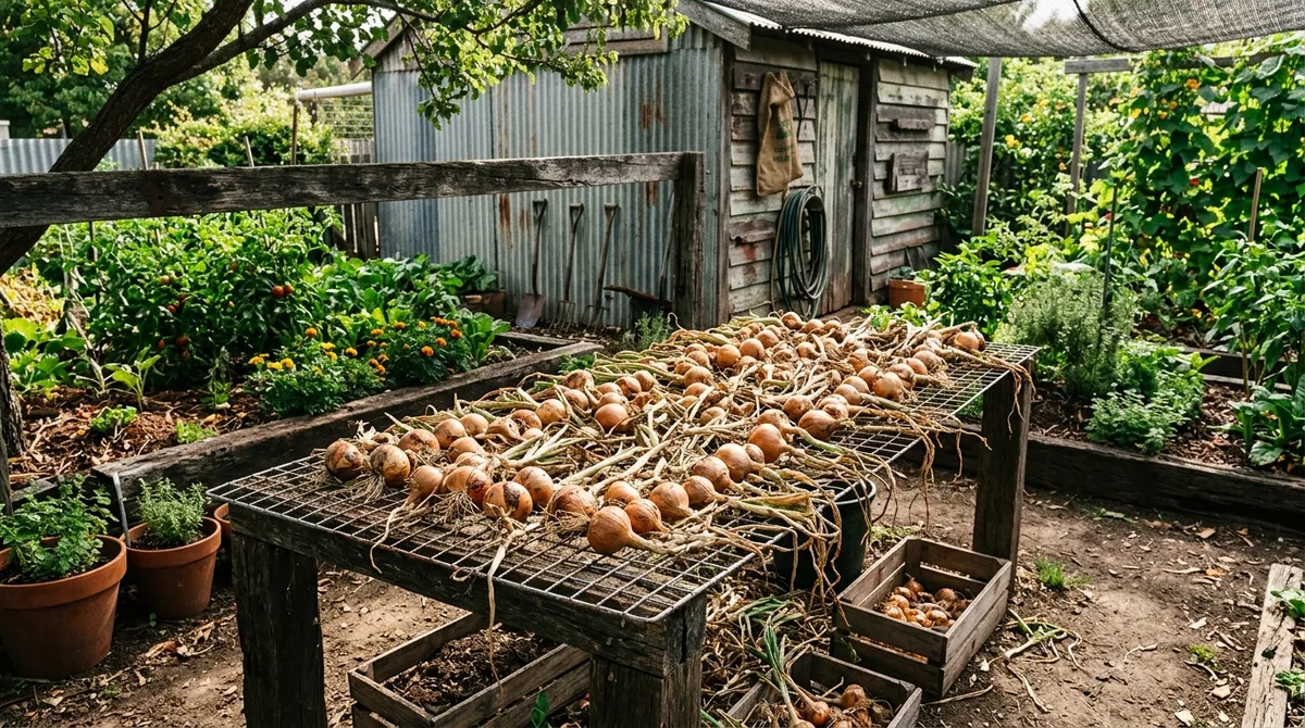 Onions curing on a wire rack in a backyard vegetable garden