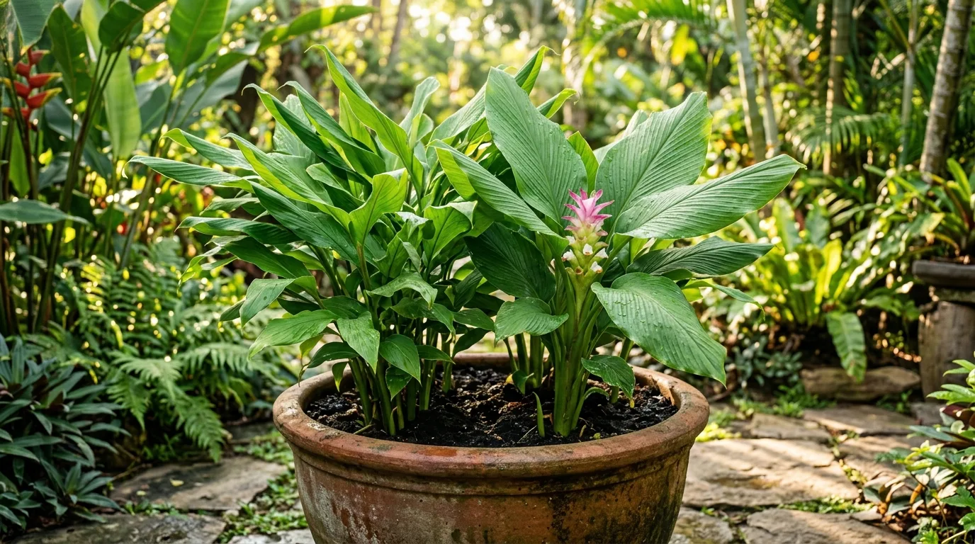 Ginger rhizomes sprouting in a wide pot