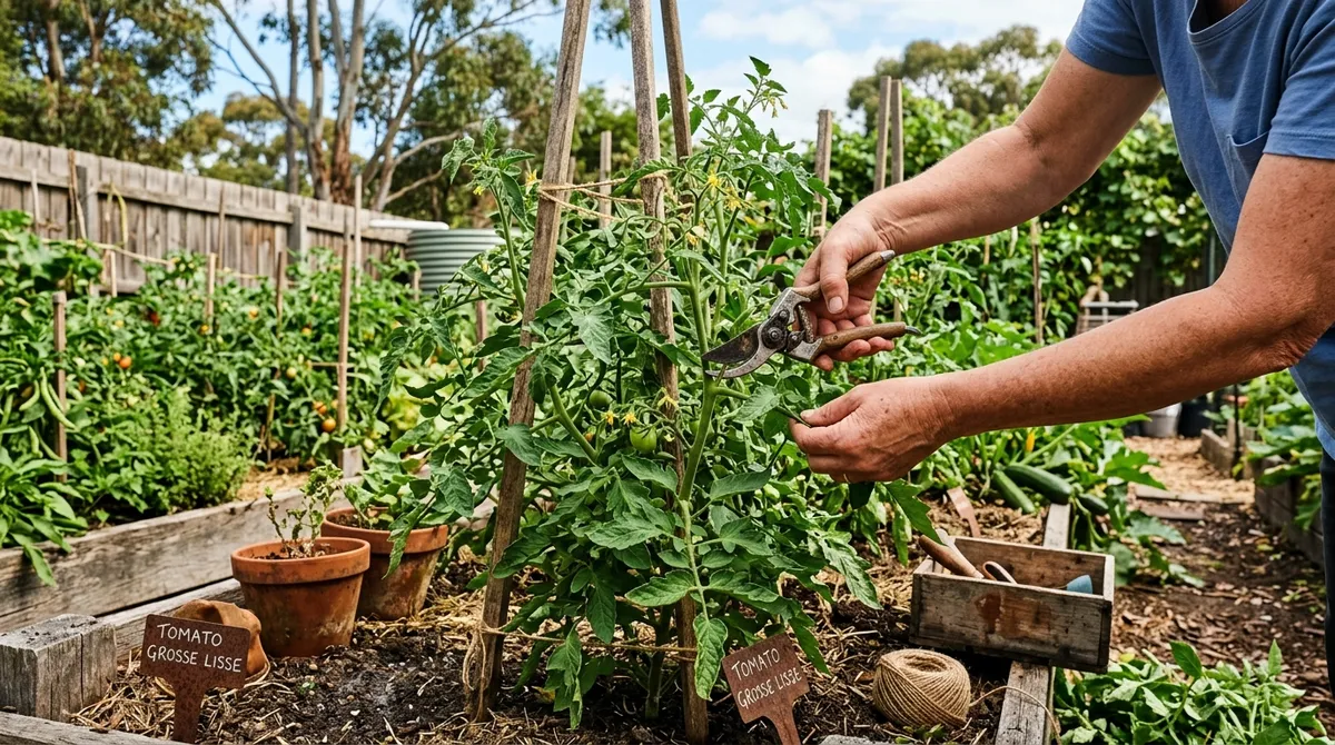 Hands pruning a sucker from an indeterminate tomato plant
