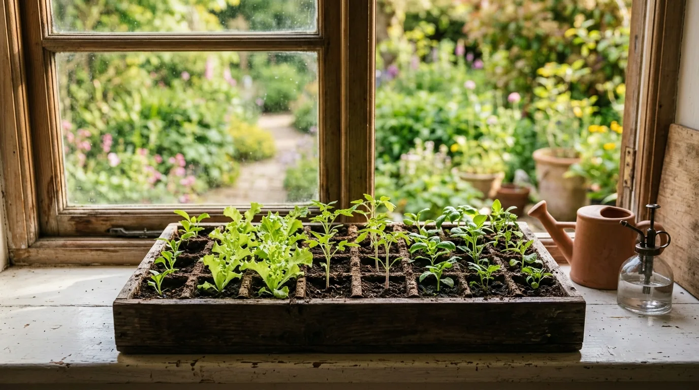 Tall thin leggy seedlings stretching toward a window