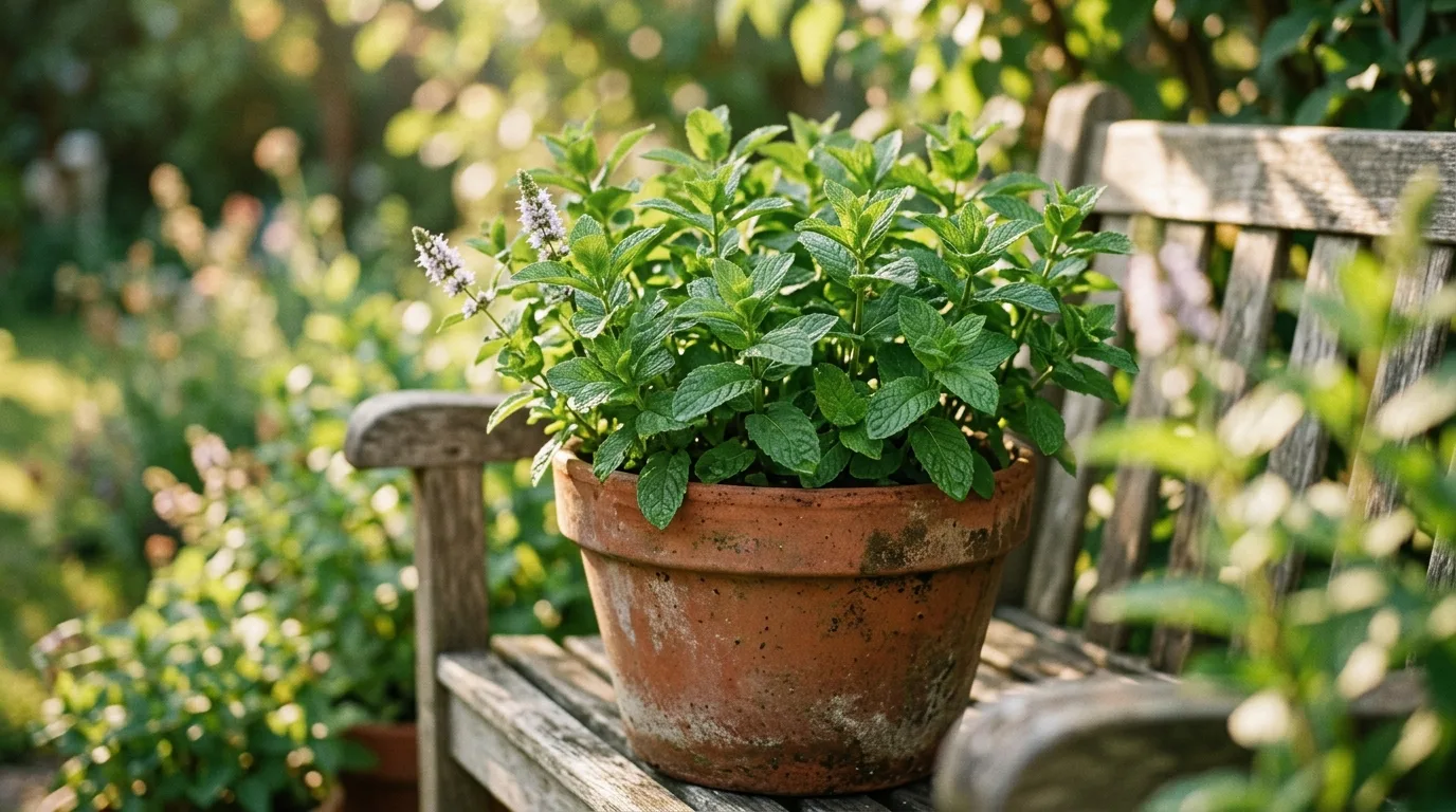 A lush pot of mint on a windowsill