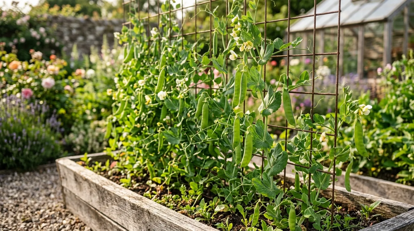 Pea plants climbing a mesh support in a trough