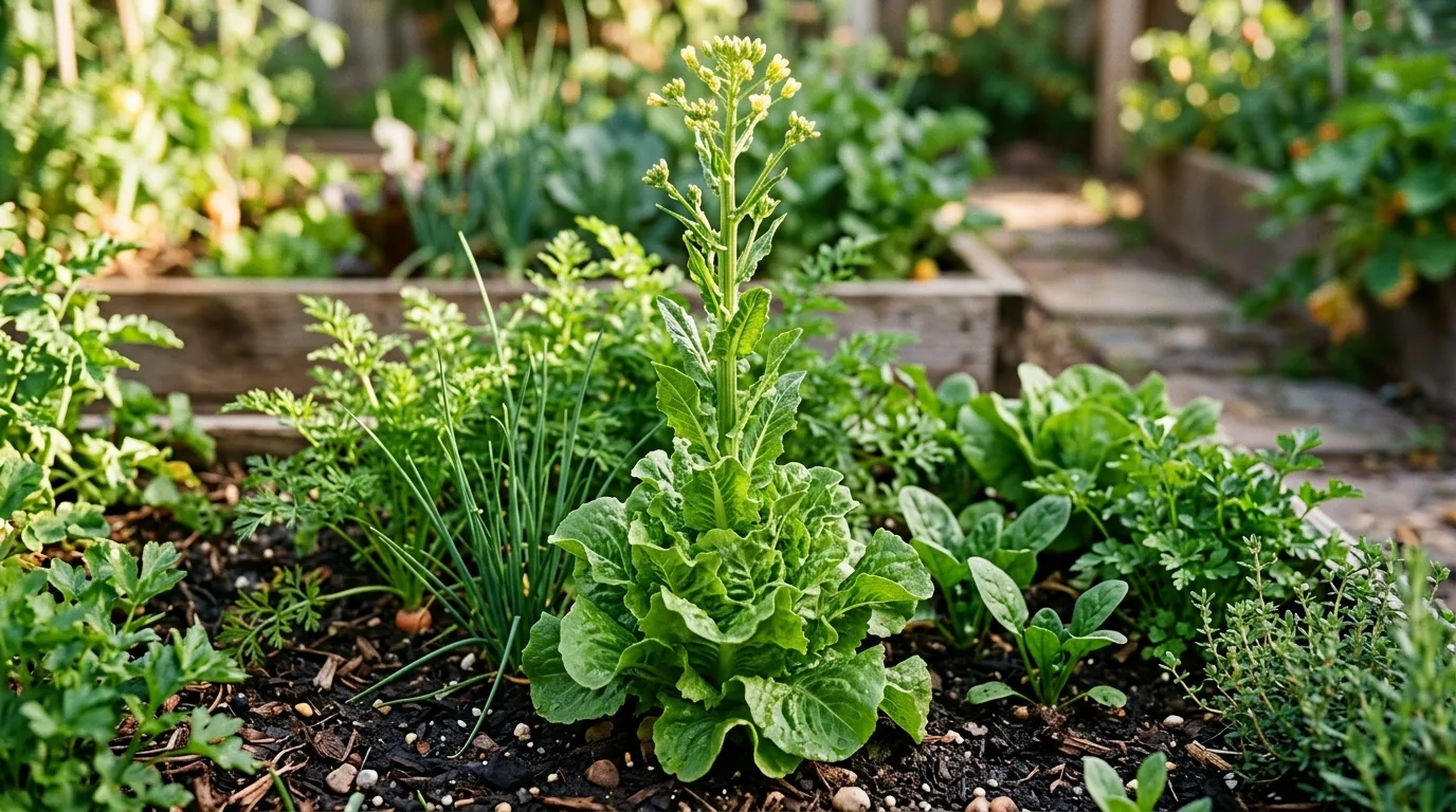 A lettuce plant bolting and sending up a tall flower stalk