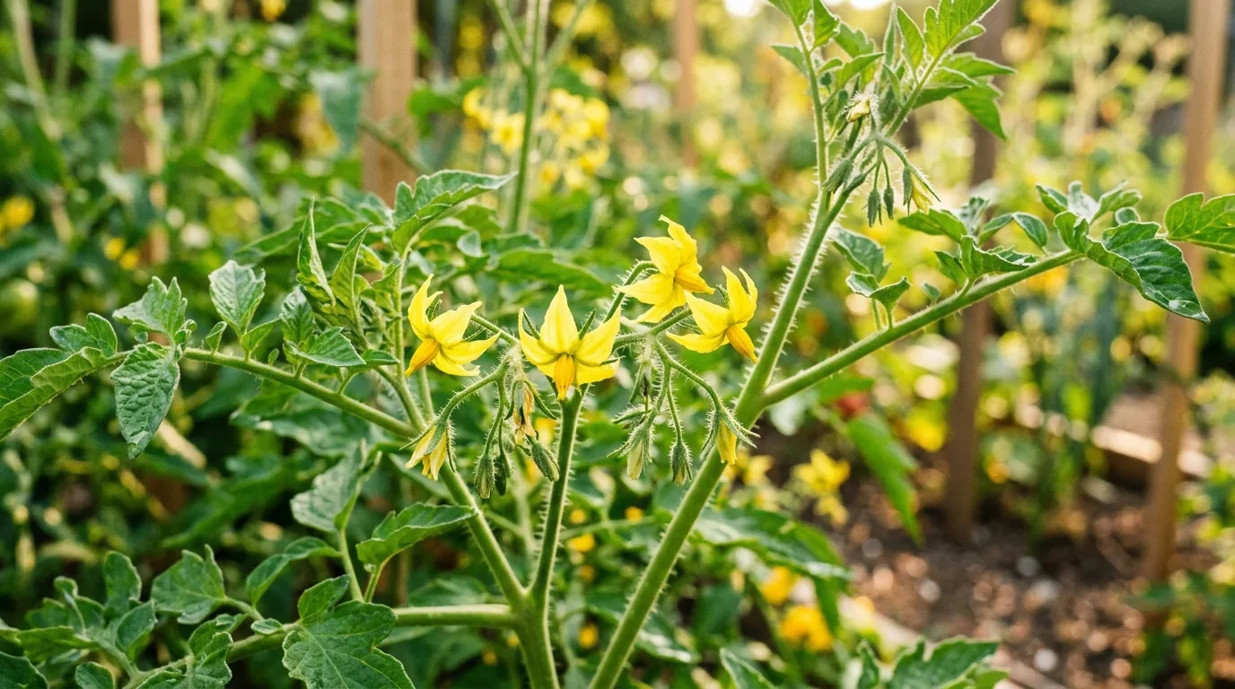 Tomato flowers on the vine with one dropping