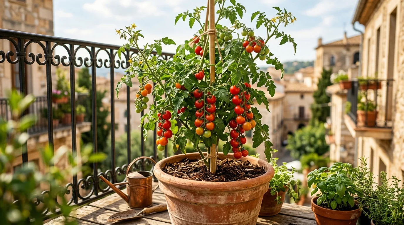 A tomato plant fruiting in a large pot on a sunny balcony