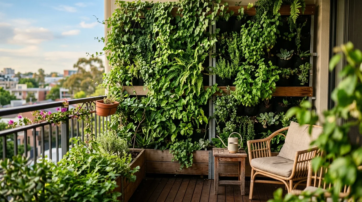 A wall of vertical planters and climbing plants on a balcony