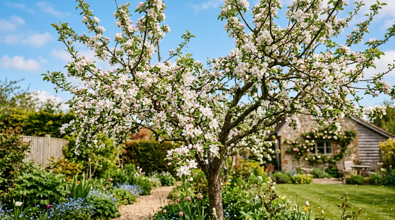 A backyard fruit tree in blossom