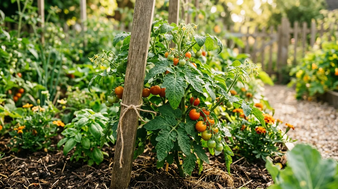 Tomato plant leaves curling upward in the summer heat