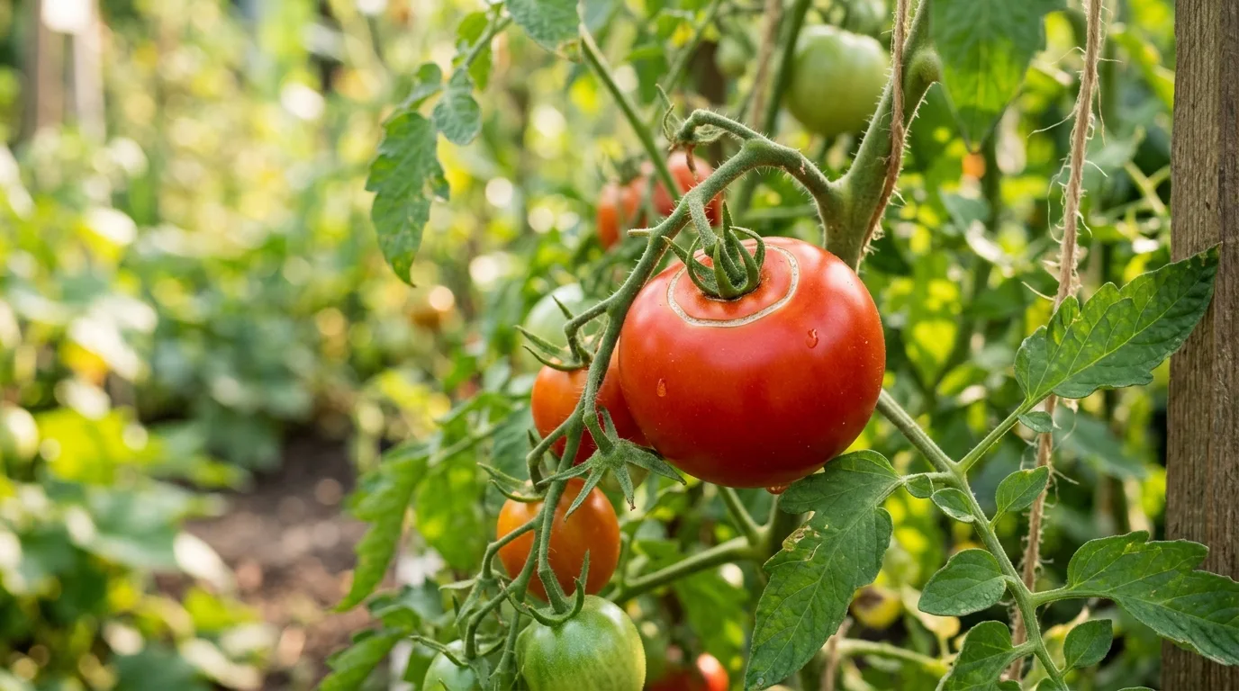 A ripe tomato with concentric cracking around the stem