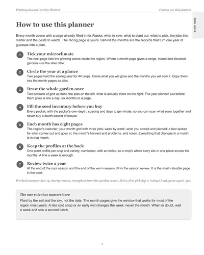 Page 3 of the Alaska Garden Planner: how to use this planner, in seven steps, with a worked example for a cherry tomato
