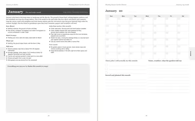 Pages 24 and 25 of the Alaska Garden Planner: January's pre-printed Alaska page with what to sow, plant out and pick, the jobs and the pest watch, beside a blank Sunday-start month grid