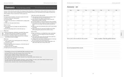 Pages 24 and 25 of the Gulf South Garden Planner: January's pre-printed Gulf South page with what to sow, plant out and pick, the jobs and the pest watch, beside a blank Sunday-start month grid
