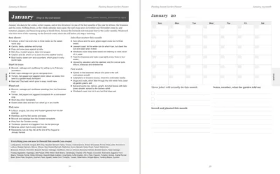Pages 24 and 25 of the Hawaii Garden Planner: January's pre-printed Hawaii page with what to sow, plant out and pick, the jobs and the pest watch, beside a blank Sunday-start month grid