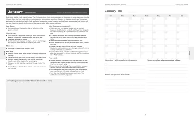 Pages 24 and 25 of the Mid-Atlantic Garden Planner: January's pre-printed Mid-Atlantic page with what to sow, plant out and pick, the jobs and the pest watch, beside a blank Sunday-start month grid