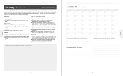 Pages 24 and 25 of the Mid-South Garden Planner: January's pre-printed Mid-South page with what to sow, plant out and pick, the jobs and the pest watch, beside a blank Sunday-start month grid