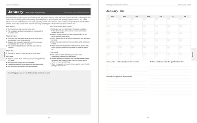 Pages 24 and 25 of the Midwest Garden Planner: January's pre-printed Midwest page with what to sow, plant out and pick, the jobs and the pest watch, beside a blank Sunday-start month grid
