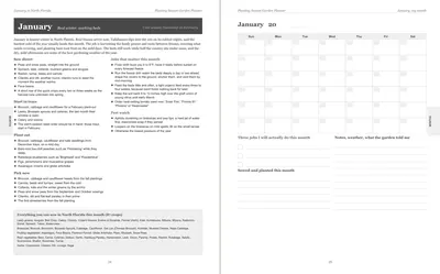 Pages 24 and 25 of the North Florida Garden Planner: January's pre-printed North Florida page with what to sow, plant out and pick, the jobs and the pest watch, beside a blank Sunday-start month grid