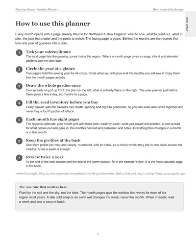 Page 3 of the Northeast Garden Planner: how to use this planner, in seven steps, with a worked example for a cherry tomato