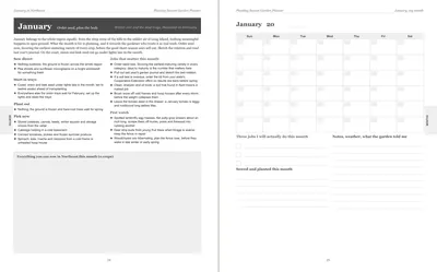 Pages 24 and 25 of the Northeast Garden Planner: January's pre-printed Northeast page with what to sow, plant out and pick, the jobs and the pest watch, beside a blank Sunday-start month grid