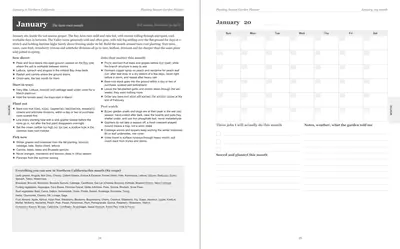 Pages 24 and 25 of the Northern California Garden Planner: January's pre-printed Northern California page with what to sow, plant out and pick, the jobs and the pest watch, beside a blank Sunday-start month grid