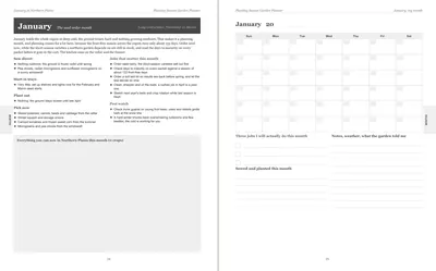 Pages 24 and 25 of the Northern Plains Garden Planner: January's pre-printed Northern Plains page with what to sow, plant out and pick, the jobs and the pest watch, beside a blank Sunday-start month grid