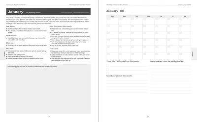 Pages 24 and 25 of the Pacific Northwest Garden Planner: January's pre-printed Pacific Northwest page with what to sow, plant out and pick, the jobs and the pest watch, beside a blank Sunday-start month grid