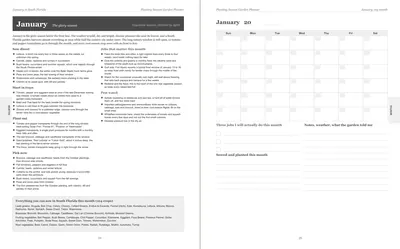 Pages 24 and 25 of the South Florida Garden Planner: January's pre-printed South Florida page with what to sow, plant out and pick, the jobs and the pest watch, beside a blank Sunday-start month grid