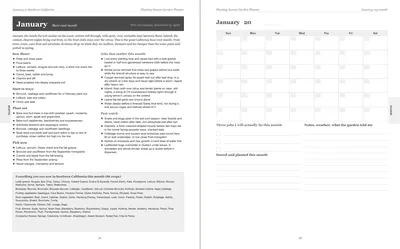 Pages 24 and 25 of the Southern California Garden Planner: January's pre-printed Southern California page with what to sow, plant out and pick, the jobs and the pest watch, beside a blank Sunday-start month grid