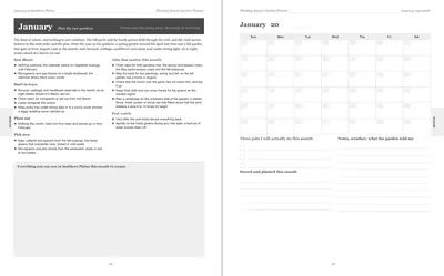 Pages 24 and 25 of the Southern Plains Garden Planner: January's pre-printed Southern Plains page with what to sow, plant out and pick, the jobs and the pest watch, beside a blank Sunday-start month grid