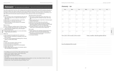 Pages 24 and 25 of the Texas Garden Planner: January's pre-printed Texas page with what to sow, plant out and pick, the jobs and the pest watch, beside a blank Sunday-start month grid